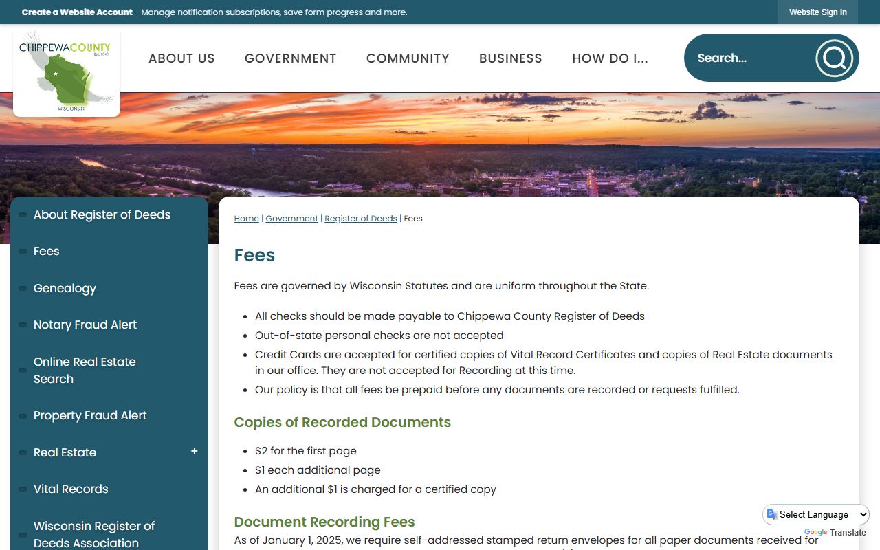 Chippewa County Family Court Records fees page