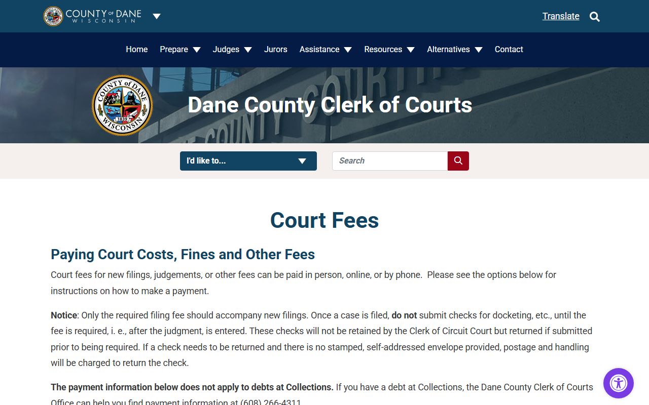 Dane County Family Court Records court fees page