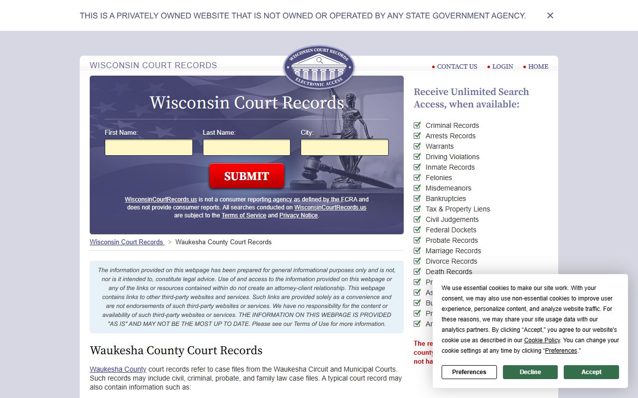 Waukesha Family Court Records request page